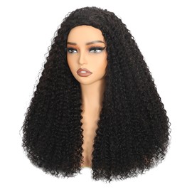 Human Hair Half Wig Kinky Curly - 200% Density, 16 Inch, Glueless Wear & Go, 3-in-1 Flip-Over/Headband/Drawstring Wig, Natural Look, Beginner Friendly (Natural Black, 16 Inch, Kinky Curly)