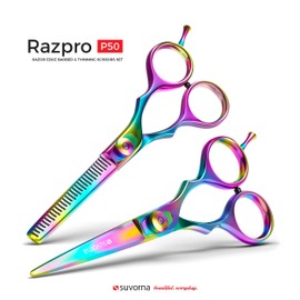 Suvorna 5.5” Precision Razor Edge Japanese Stainless Steel Barber Scissors Set. Hair Styling, Trimming, Cutting & Layering with Multi Color Titanium Coated..Perfect for Salons & Home