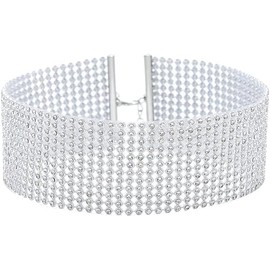 Sparkly Rhinestone Necklace Silver Crystal Choker Necklaces Party Rave Body Accessories Jewelry for Women and Girls (One size, Silver)