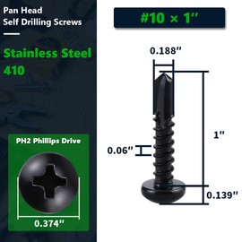 #10 x 1 (100 Pack) Phillips Pan Head Sheet Metal Screws, Stainless Steel 410 Self Drilling Screws for Metal, Black Coated, Quick Self Tappers, with Phillips Driver Bit PH2