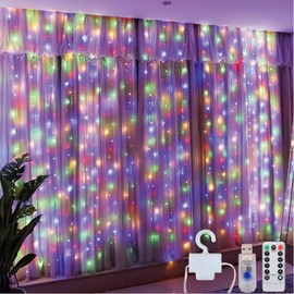 Clearhill 2Pack 3 * 3Curtain String Lights, 300LED，Colorful，8 Modes Fairy Hanging Lights with Remote & Timer, USB Operated, Waterproof for Indoor/Outdoor Decorations - Bedroom, Wedding, Party