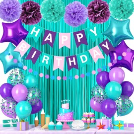 Mermaid Balloons Birthday Decorations,Purple Teal Blue Party Decorations for Women Girls with Purple Teal Blue Balloons Happy Birthday Banner Teal Fringe Curtain Tissue Paper Pompoms Star Garland