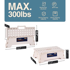 Flottian 5" Folding Step Stool for Adults and Kids 15-Inch Extra Wide Stool Holds Up to 300 lbs,Non-Slip Folding Stools with Handle,Compact Plastic Foldable Step Stool for Bathroom,Kitchen,ect Khaki