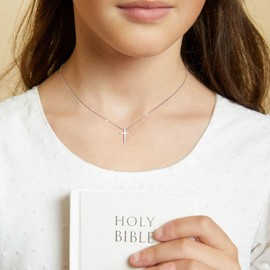 Myfresty 925 Sterling Silver Cross Necklace for Girls - Silver Faith Cross Chain Necklaces for Kids Small Dainty Pendant Jewelry Gifts for Teenager, Easter First Communion Baptism Birthday