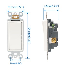 Baomain 10PCS 3 Way Rocker Decorator Paddle Light Switch, Three Way, 3 Wire, Self-Grounding Screw, Residential Grade, 15A, UL Listed, Quick Push-in & Side Wired
