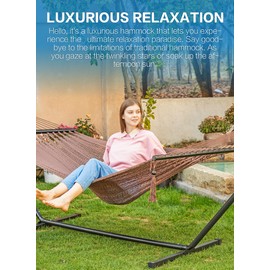 PNAEUT Double Hammocks with Stand Heavy-Duty for Outside, Handwoven Luxurious Rope Hammock 2 Person, Max 475 lbs Capacity (Mocha, with Stand)