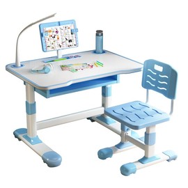 Kids Study Desk Chair Set, Height Adjustable Toddlers Writing Table with Tiltable Reading Stand LED Table Light, Living Room Bedroom Children Learning Table with Extra Large Drawer Furniture Cute - Color: Blue
