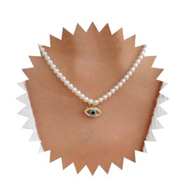Cimenexe Bohemian Crystal Evil Eye Choker Necklace White Round Pearl Chain Necklace Gold Cz Devil Eye Pendant Necklace Rhinestone Pearl Demon Eye Necklace Jewelry for Women and Girls Gifts