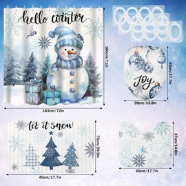 Teenyyou 4 Pcs Christmas Shower Curtains Set with Non Slip Rug Winter Christmas Bathroom Decor Toilet Lid Cover and Bath Mat Snowman Shower Curtain with 12 Hooks for Xmas Bathroom Decor(White,Fresh)
