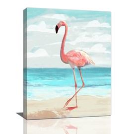 Flamingo Decor Bathroom Wall Art Ocean Coastal Pictures Wall Decor Beach Canvas Prints Painting Flamingo Decorations Framed Artwork for Bathroom Living Room Bedroom 12"x16"