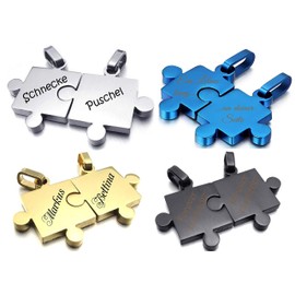 aplusashop ID Partner Pendant + Chains 2 Puzzle Pieces with Engraving of Choice in 4 Colours, Stainless Steel