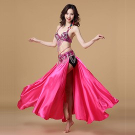 MUNAFIE Belly Dance Skirt Two Side Slit Satin Skirt Rose Red