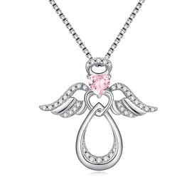 JiaYangJY Silver Guardian Angel Necklace 18K White Gold Plated Heart Infinity Pendant October Tourmaline Jewelry Gifts for Her