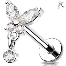 MeIighting 16G Internal Threaded Butterfly Helix Stud Stainless Steel 316L Flat Back Earring 8 mm Clear CZ Cartilage Tragus Labret Piercing for Women