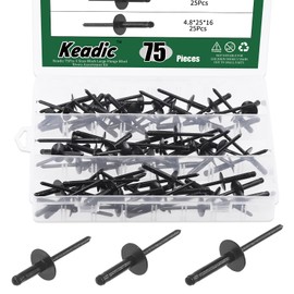Keadic 75Pcs 3 Sizes 3/16" Black Aluminum Blind Rivets Assortment Kit Includes 1/8" x 9/32", 3/8", 7/16", 1/2" Open End Domed Head Pop Rivets for Joining Metal Plate Pipe