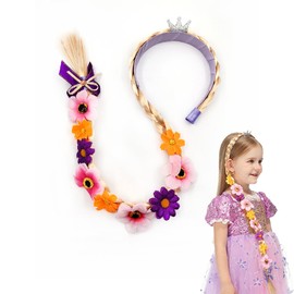 Long Hair Princess Dress up Wigs Child Wig Long Braided Wig Headbands with Tiara Flowers Adorn Princess Hairpiece Headband for Kids
