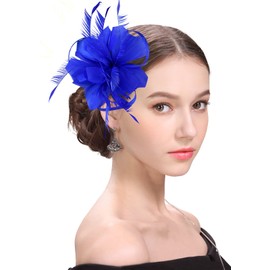 ELLYDOOR Fascinator Hats for Women Feather Flower Hair Clip Brooch Wedding Tea Party Hat Derby Race Headwear (08 Royal Blue Flower)