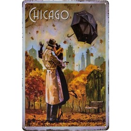 Historical Retro Vintage Tin Sign with Souvenir Travel Motif, Holiday, Adventure, Holiday Decorative Sign, 30 x 20 cm (Chicago, USA)