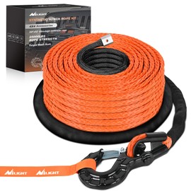 Nilight Synthetic Winch Rope Kit 3/8" X 92' 25000 lb with Black Jacket Rope Protective Sleeve Forged 35000lb Winch Hook Safety Strap Winch Cable Line for OffRoad Vehicle Recovery Truck SUV ATV, Orange
