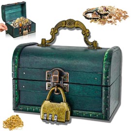 qhklew Vintage Holz Schatztruhe Klein, Schatzkiste mit Zahlenschloss, Retro Kleine Holzkisten, Schatztruhe Kinder Lagerung Schmuckkästchen, Mini Holztruhe für Aufbewahrung und Dekoration, Smaragd