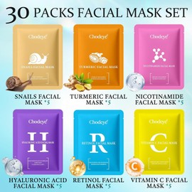 Chodey 30 Pack Sheet Facial Mask Set Hydrating Kit in 6 Styles Suitable for All Skin Types Home Spa Care Perfect Birthday Valentine Christmas Gift for Women and Men / 초디 30팩 시트 페이셜 마스크 세트 6가지 스타일의 수분 공급 키트 모든 피부 타입에 적합 홈 스파 케어 여성 및 남성을 위한 완벽한 생일 발렌타인 크리스마스 선물