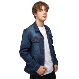 X RAY Mens Denim Jacket, Washed Ripped Distressed Flex Stretch Casual Trucker Biker Jeans Jacket for Men, Indigo, Large