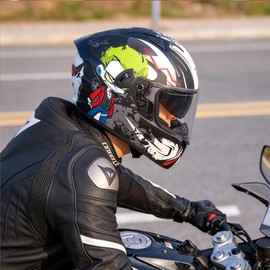 VCOROS Full Face Dual Visor Motorcycle Helmet for Adults Motorbike Street Bike Racing Helmets X9 DOT Approved with Black Visor (Alien, Medium)