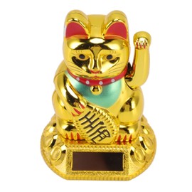 ASHATA Waving Cat, Cute Chinese Happy Cat Decoration, Waving Arm, Automatic Waving Hand, Solar Light, Induction Statue, Figurine for Home (Golden)