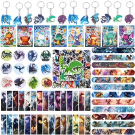 132 Pcs Dragon Birthday Party Favors Set Including Keychains Slap Bracelets DiY Puzzle Stickers Button Pins Bookmarks Stickers Western Dragon Theme for Kids Teens Adults Birthday Decorations Gifts