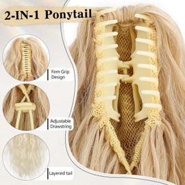 PORSMEER Claw Ponytail Hair Extension 30 inches, Clip in Ponytail Extensions Long Curly Wavy Ponytail Hair Extension Jaw Clip on Pony Tails Hairpiece for Women (Blonde with Highlights)