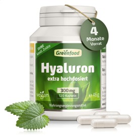 Hyaluron, High Dose, 300 mg – 120 Capsules, Vegan. 300 mg Pure Hyaluronic Acid per Capsule – Obtained by Natural Fermentation. Without Artificial Additives – Laboratory Tested From Greenfood.
