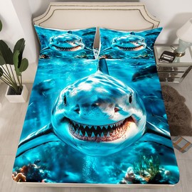 jejeloiu Kids Shark Bed Sheet Set Twin Size, Ocean Sea Animal Fitted Sheet Sea Underwater World Bedding Set Boys Girls Teens Bedroom Decor Bed Set 2Pcs (No TOP Sheet)