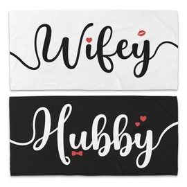 WAITPI Couple Wifey Hubby Beach Towel Set of 2, Honeymoon Wedding Beach Towels Gifts for Bride Groom Valentines Him Her, Black and White Towels Oversized Decor for Bathroom 30x60in
