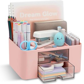 Rantuia Porta Lapices de Escritorio,Con 5 Particiones y 2 Cajones Organizador Escritorio,de Escritorio Universal Organizador de Escritorio Cajón Transparente para Fácil Acceso. (Rosa)
