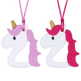 Unicorn Chew Necklace for Kids Girls - Chewing Necklace Teething Necklace Teether Necklace Chew Toys Teething Toys - Designed for Chewing, Autism Sensory Teether Toy (Pink+Purple)