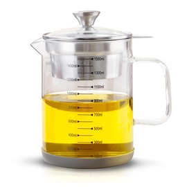 Abdodar 50oz Glass Oil Strainer Container with Fine Mesh Strainer for Bacon Grease, Nut Milk, Soy Milk, Tea Residues and All Purpose Straining (1.5L)