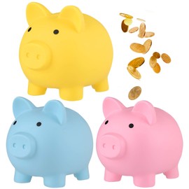 GADIEDIE 3 Pieces 6 x 4.8 x 5.4 inch Cute Plastic Pig Money Bank,Pig Money Saving Box, Unbreakable Piggy Bank for Boys Girls Birthday Easter Practical Gifts (Blue/Yellow/Pink)