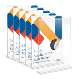 Relx 6 Pack Acrylic Sign Holder 8.5 x 11, Vertical T Shape Plastic Sign Holder with Base, Double-Sided Clear Tabletop Plexiglass Flyer Stands for Restaurant Office Store Home Picture Frame Display
