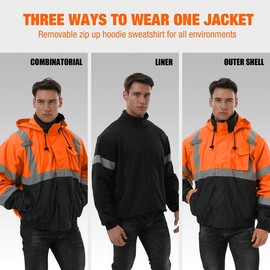 SKSAFETY 3-in-1 High Visibility Winter Bomber Jackets Zip Out Fleece Liner Reflective Safety Coats for men Waterproof ANSI/ISEA Class 3(Orange M)