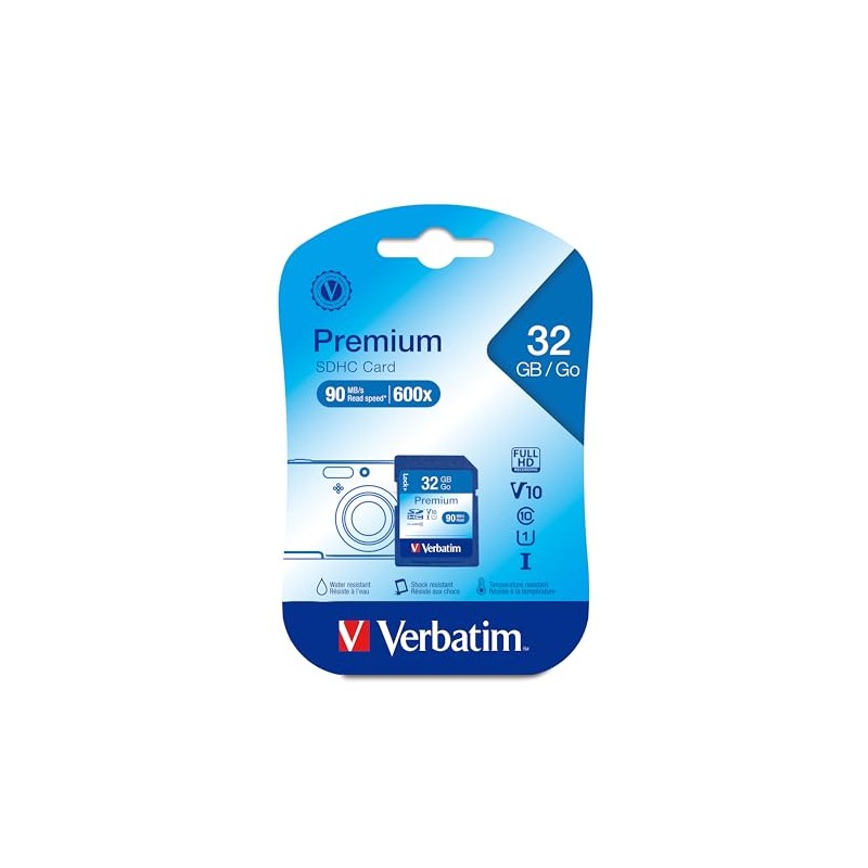 Verbatim 32GB Premium SDHC Memory Card, UHS-I Class 10, Blue