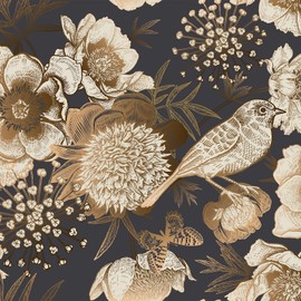 Floral & Birds Peel and Stick Wallpaper Antique Gold Dark Self Adhesive Removable Floral Wallpaper for Bedroom Renter Friendly Floral Contact Paper for Bedroom Bathroom Walls Shelf Liner 17.7"x118.1"