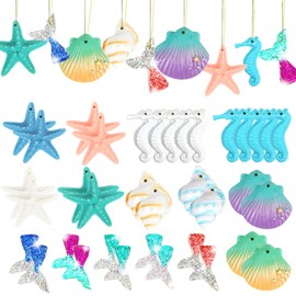 LOMIMOS 36PCS Christmas Ocean Themed Ornament,Colorful Summer Resin Pencil Finger with Rope,Assorted Beach Seashell Starfish Seahorse Nautical Hanging Decor for Wedding Birthday Party Craft