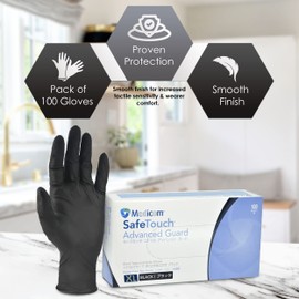 Medicom Safe Touch Nitrile Gloves - 100 Count -X Large - Black Gloves, Work Gloves - Multipurpose Powder Free Gloves