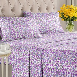 Floral Sheets - Purple Floral Bed Sheet Set - 1 Flat, 1 Fitted & 2 Pillowcases w/ Deep Pockets - Comfy, Wrinkle & Fade Free Boho Botanical Bedding - Ultra-Soft, Breathable & Cooling - Queen Size New