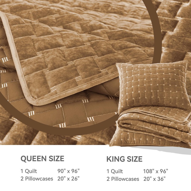 Velvet Quilt Set Queen Size, Luxury Geometric Design, Gold Caramel