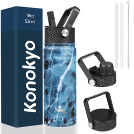 Konokyo 18 oz Insulated Water Bottle Stainless Steel Sport Bottles with 3 Lids,Marble Ocean