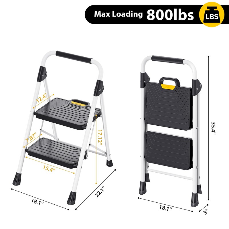 TOOLF 2 Step Ladder, Sturdy Steel Step Stool with Anti-Slip