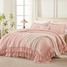 Andency Blush California King Comforter Set(104x96Inch), 3 Pieces Farmhouse Shabby Chic Ruffle Bed Comforter, Lightweight Fluffy Soft Microfiber All Season Bedding Comforter Sets