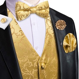 Hi-Tie Gold Mens Silk Jacquard Suit Vest Necktie and Pre-tied Bow Tie Set Lapel Pin Gold Tie Clip Paisley Floral Waistcoat 8PCS Set Tuxedo Wedding Party