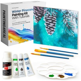 Painting4Real DIY Painting Class Kit for Adults: Learn to Paint Winter Pinecones with Video Tutorials – Indoor Christmas Decorations – Hang Christmas Picture/Art as Wall Decor Once Completed